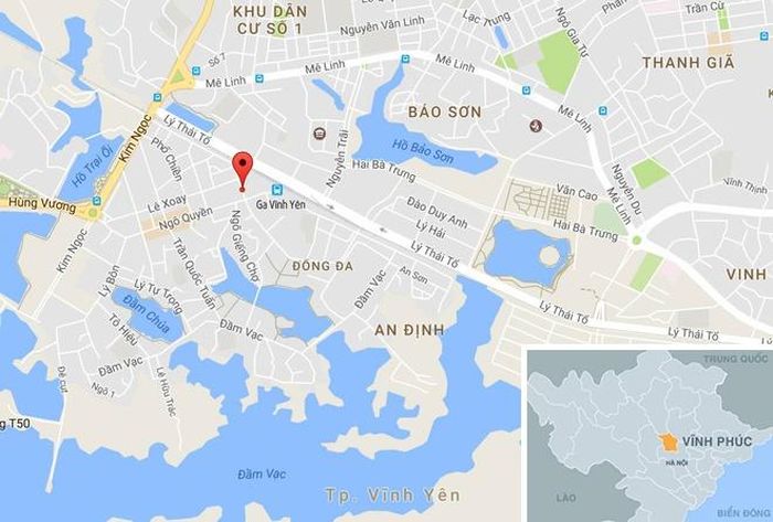 Đường Nguyễn Viết Xuân (chấm đỏ) - nơi xảy ra vụ trộm - nằm gần ga Vĩnh Yên, tỉnh Vĩnh Phúc. Ảnh: Google Maps. 