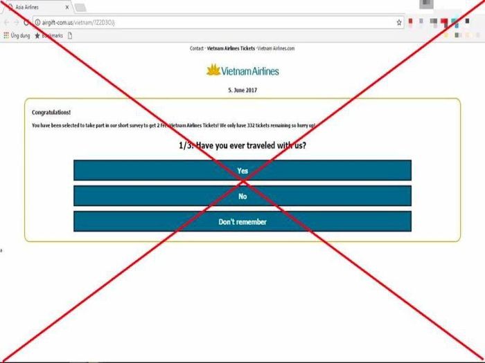 Trang web giả mạo, tặng vé của hãng hàng không Vietnam Airlines.