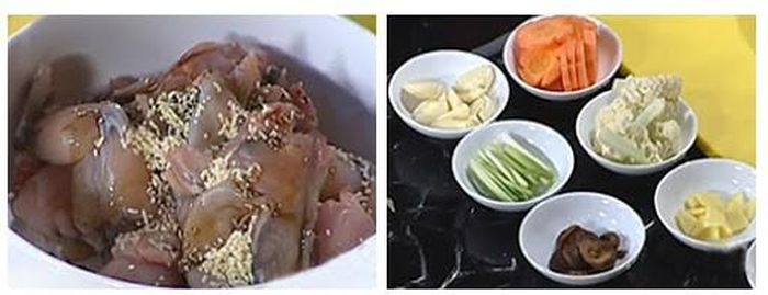 3. Ếch hầm nồi đất. Nguyên liệu: Ếch, tỏi, gừng, bông cải, cà rốt, nấm hương, hành lá, hạt nêm, nước mắm, tiêu, bột bắp, dầu ăn, nước tương, ớt lát. Ếch làm sạch, chặt miếng vừa ăn, nấm hương ngâm nở thái miếng vừa ăn. Ảnh: Muivi.com.