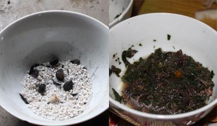 2. Hạt dổi trộn muối: Hạt dổi nướng trên bếp than hồng sau đó nghiền nhỏ trộn đều với muối rang vàng hoặc bột canh, vậy là đã có một đĩa nước chấm rất ngon, món này hợp với các món thịt luộc như: Gà, ngan, vịt, thịt luộc, lòng phèo… Ảnh: rungvangtaybac.com.