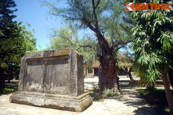 Sau cánh cổng là tấm bình phong đặt trên bệ chân quỳ, mặt trước đã mất các họa tiết do thời gian, mặt sau đắp nổi long mã phù đồ.