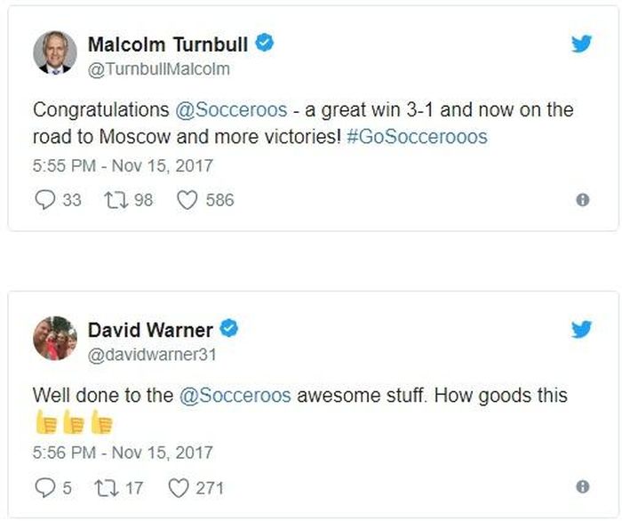 Chứng kiến đội nhà đánh bại Honduras để giành vé đi World Cup, Thủ tướng Malcolm Turnbull của Australia cũng dành lời ngợi khen cho các cầu thủ qua Twitter.