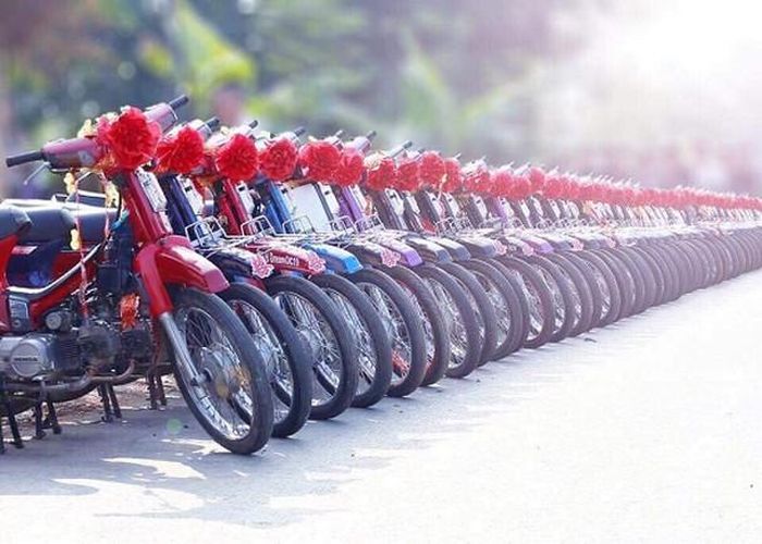 100 chiếc xe Dream được xếp thẳng hàng ngay ngắn trên đường, đầu xe thắt nơ đỏ gây sự chú ý với hàng trăm người dân xã Thu Cúc.