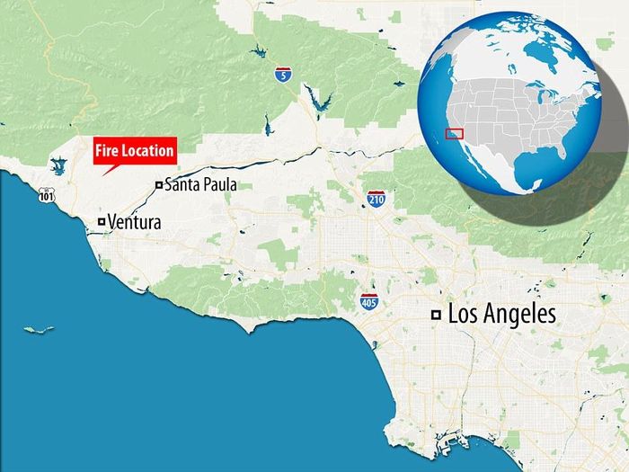 Khu vực cháy rừng hoành hành tại Santa Paula và Ventura ở miền Nam California. Đồ họa: DM.