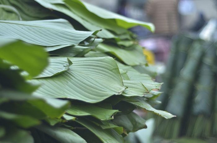 Nhiều người tìm đến đây mua lá dong, lá chuối để gói bánh chưng, giò... Ảnh: Thanh Hà.