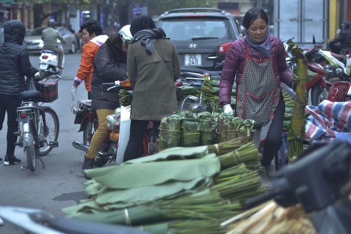 Năm nay lá dong được cho là giá cao hơn năm trước. Theo người bán, trung bình 2.000 đồng/lá. Mỗi bó 100 lá là 2000.000 đồng. Ảnh: Thanh Hà.