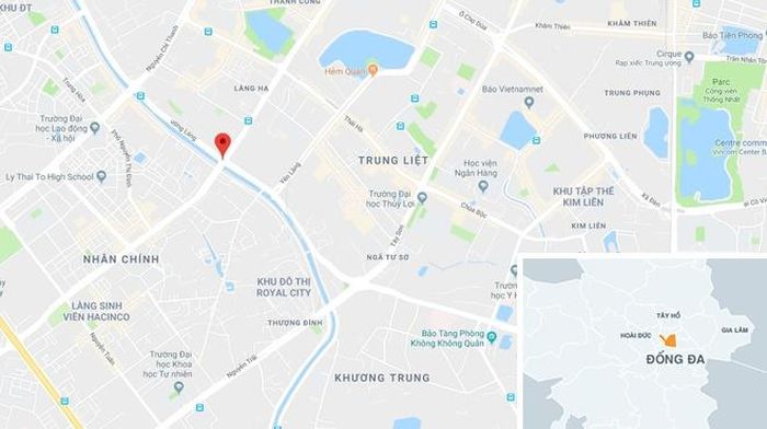  Cầu vượt Lê Văn Lương - Láng Hạ thuộc quận Đống Đa, Hà Nội (chấm đỏ). Ảnh: Google Maps. 