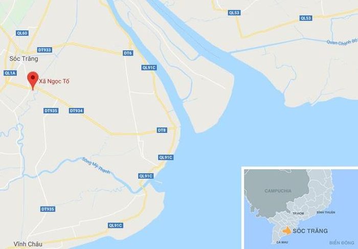 Xã Ngọc Tố (chấm đỏ) ở Sóc Trăng. Ảnh: Google Maps.