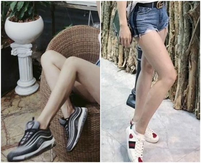 Với phong cách khỏe khoắn, không lạ khi Diệp Lâm Anh rất chuộng sneaker. Đôi Nike Air Max 97 (bên trái) ‘hiếm có khó tìm’ này có giá khoảng 11,5 triệu đồng. Còn đôi sneaker trắng in họa tiết trái tim của Gucci (bên phải) có giá khoảng 15 triệu đồng.