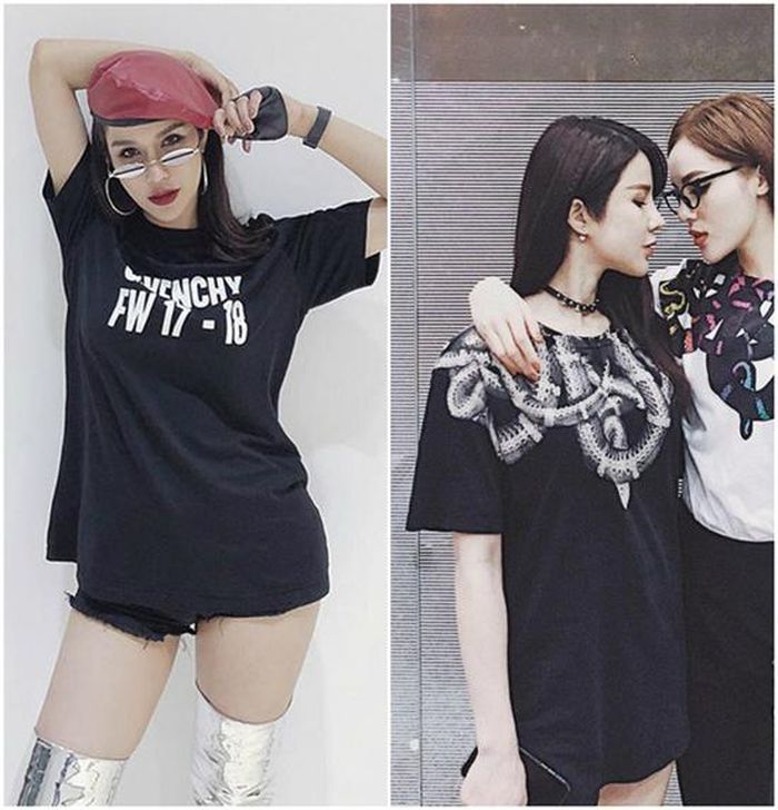 Chỉ là áo phông, cô cũng chọn hàng hiệu: thiết kế của Givenchy (bên trái) có giá hơn 12 triệu đồng hay thương hiệu Marcelo Burlon (bên phải) giá khoảng 5 - 7 triệu đồng/chiếc mặc đồ đôi với Kỳ Duyên.
