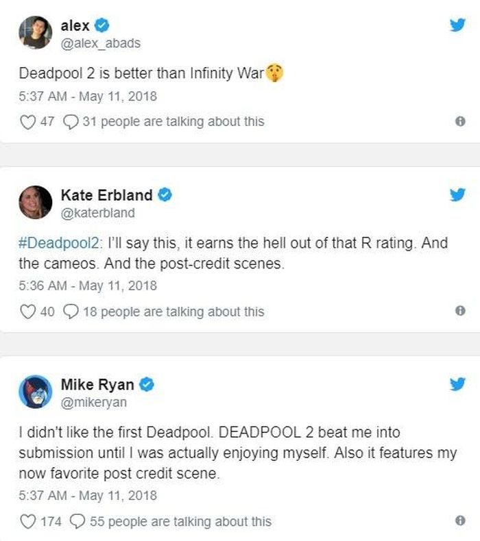 Những phản hồi sớm về Deadpool 2 rất tích cực. Ảnh: Twitter. 