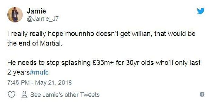  "Tôi thực sự không muốn Mourinho chiêu mộ Willian. Đó sẽ là dấu chấm hết cho Anthony Martial. Ông ấy không nên chi ra 35 triệu bảng cho một cầu thủ 30 tuổi và chỉ thi đấu đỉnh cao thêm 2 năm". 