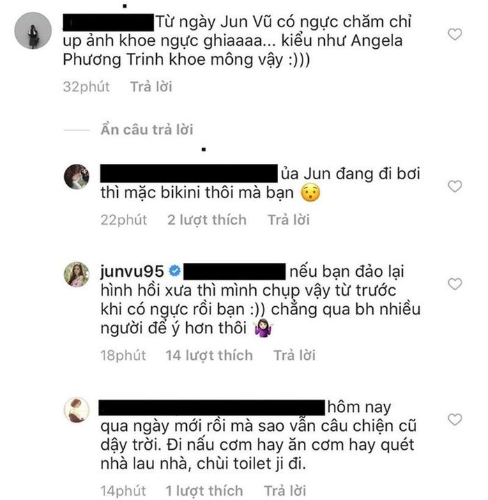 Bình luận cho rằng Jun Vũ "chăm chỉ" khoe ngực hơn kể từ ngày phẫu thuật. 
