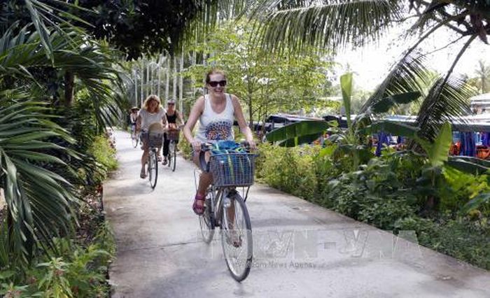 Du khách nước ngoài thường chọn tham quan các điểm du lịch sinh thái ở Cần Thơ bằng xe đạp. Ảnh: Thanh Liêm/TTXVN