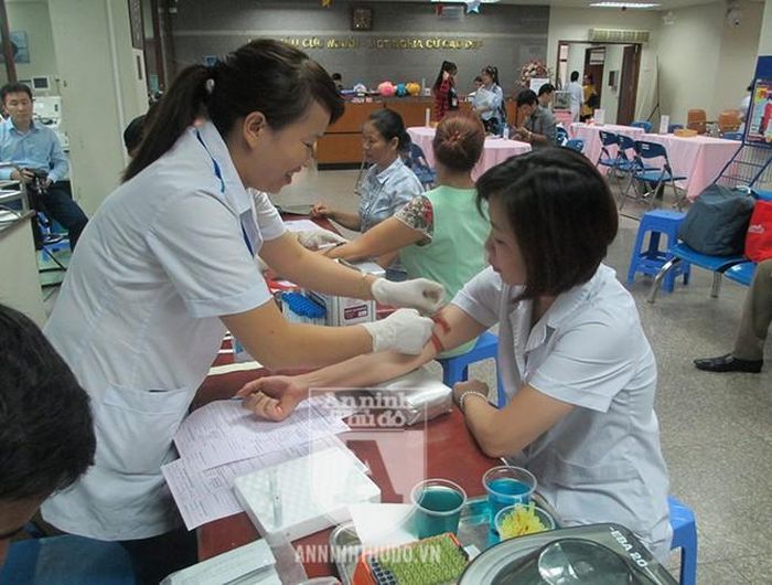  Nhiều bác sĩ, nhân viên y tế tại Viện Huyết học - Truyền máu Trung ương cũng đã hiến máu trong giai đoạn thiếu nguồn máu nhóm O vừa qua. Trong ảnh là bác sĩ Hoàng Thị Thanh Nga – Khoa Huyết thanh học nhóm máu, Viện Huyết học - Truyền máu Trung ương - đang được lấy máu xét nghiệm chuẩn bị hiến máu 