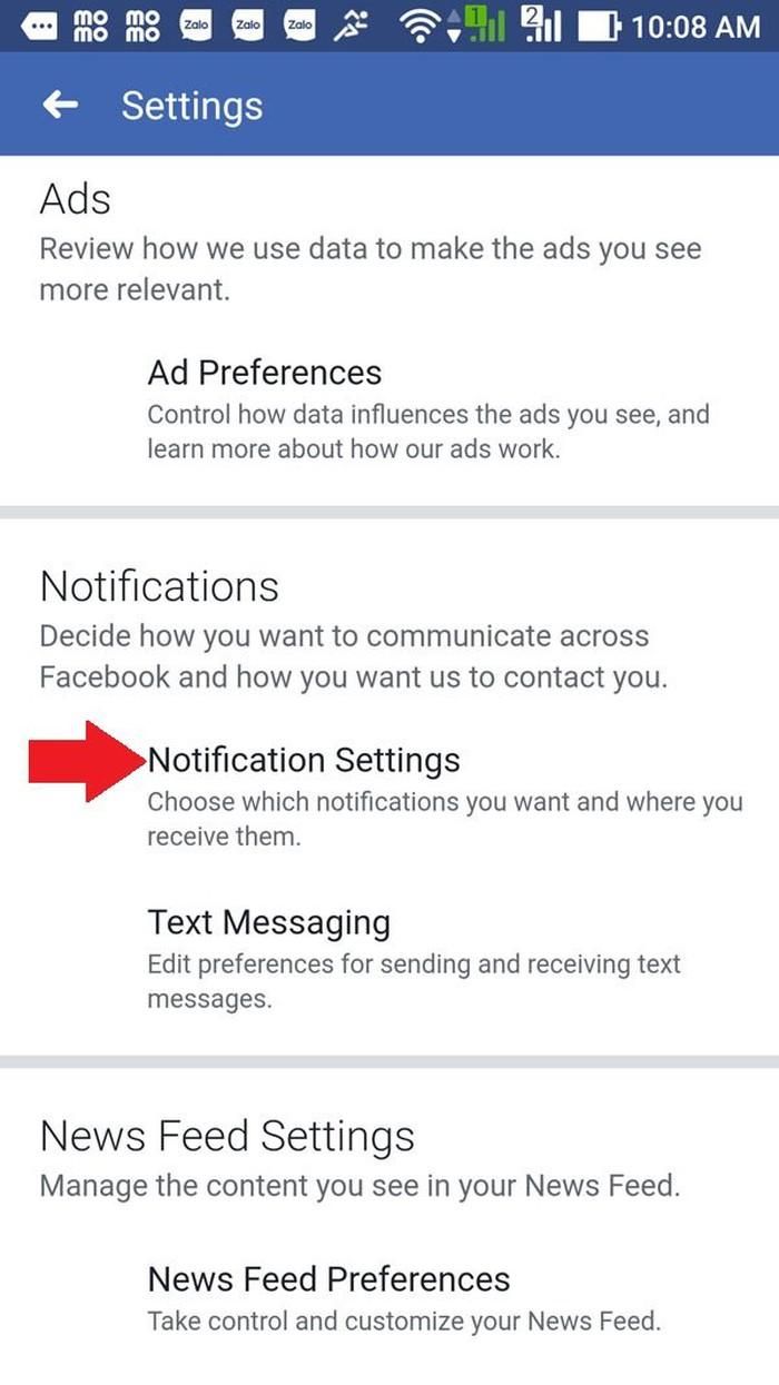 Tiếp đó vào Notification Settings.