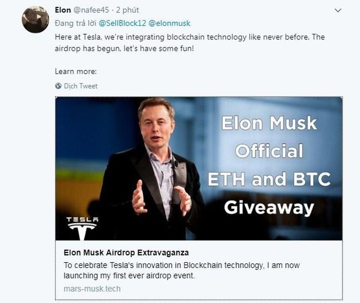 Twitter giả mạo ông chủ SpaceX tổ chức sự kiện tặng Bitcoin, ETH cho người dùng.