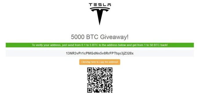 Giao diện trang web giả mạo Tesla tổ chức sự kiện.