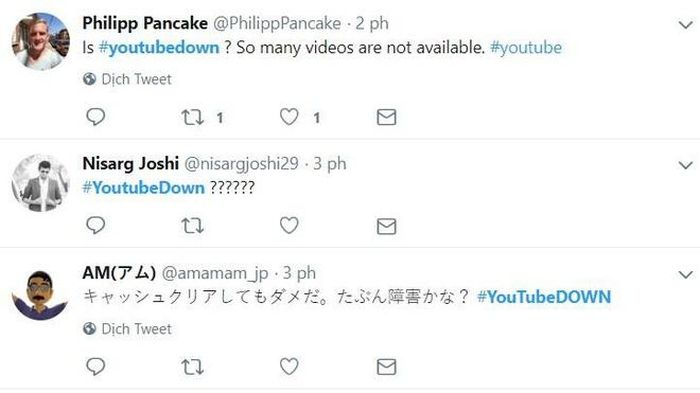 Nhiều người dùng Twitter phản ánh lỗi YouTube.