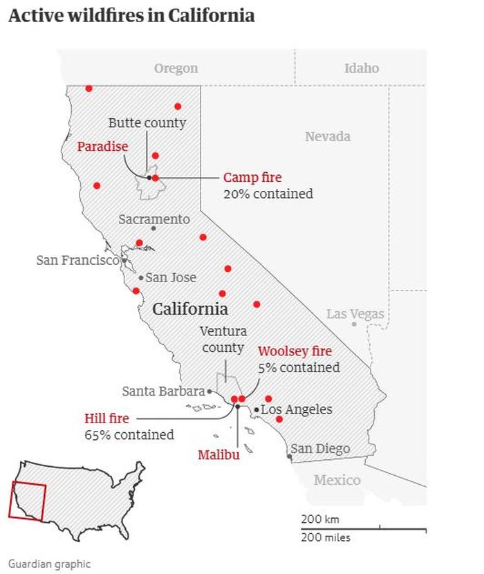Các đám cháy đang hoạt động tại California - Camp Fire mới được kiểm soát 25% còn Woolsey mới được kiểm soát 5%. (Đồ họa: The Guardian)