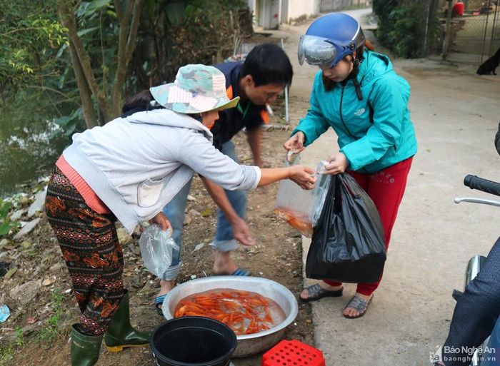 Trên đường quê, nhiều người dân đã đưa cá chép ra bán phục vụ người đi đường.