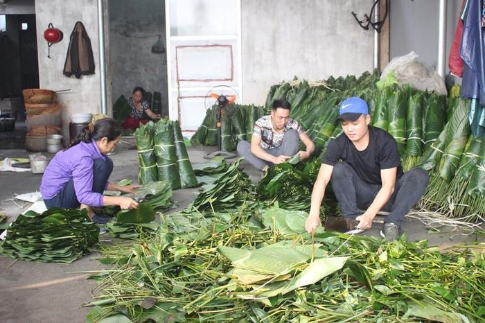 Gia đình bà Xuân Mười chuẩn bị lá gói bánh cho ngày tiếp theo