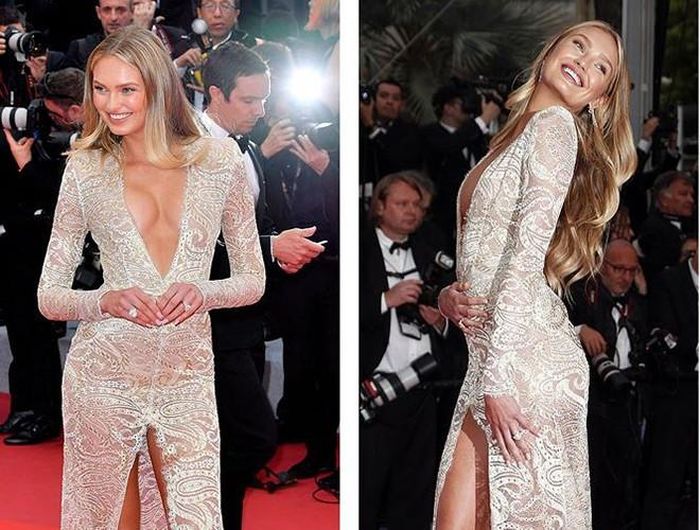  Táo bạo nhất phải kể đến "thiên thần nội y" 23 tuổi Romee Strijd. Cô diện đầm ren trắng xuyên thấu, kết hợp những đường cắt xẻ sâu, phô bày vòng một căng tràn và đôi chân dài miên man 