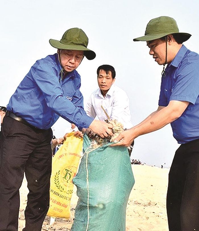 Chủ tịch UBND tỉnh Thừa Thiên - Huế Phan Ngọc Thọ (bìa trái) nhặt rác cùng người dân trên bãi biển Thuận An