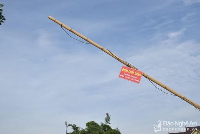 Dây kéo quấn vào sào chắn tại chốt chặn dịch của xã Thọ Thành, gây khó khăn cho việc dừng chặn phương tiện giao thông khi cần thiết. Ảnh: Xuân Hoàng