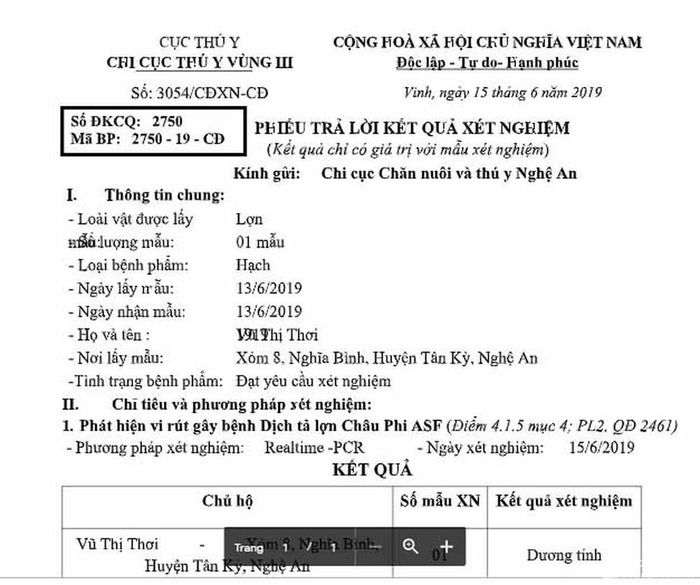 Kết quả mẫu xét nghiệm tại xã Nghĩa Bình. Ảnh: Xuân Hoàng