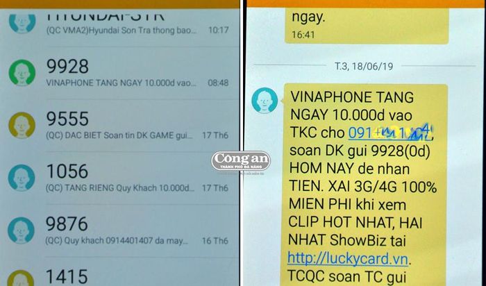 Hàng loạt tin nhắn rác từ các đầu số của tổng đài được gửi đến 1 thuê bao trong ngày 16 và 17-6 vừa qua.