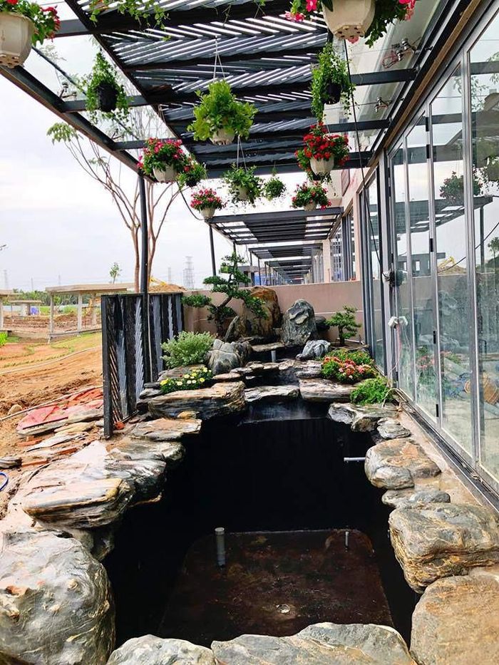 Bể cá đã được xây hoàn thiện nhưng chưa bơm nước và xử lý nước trước khi thả cá.