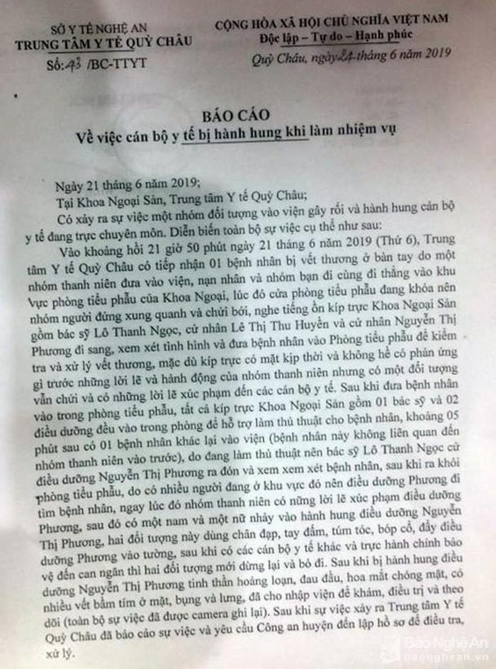 Báo cáo của Trung tâm Y tế huyện Quỳ Châu về vụ việc. Ảnh: Thành Chung