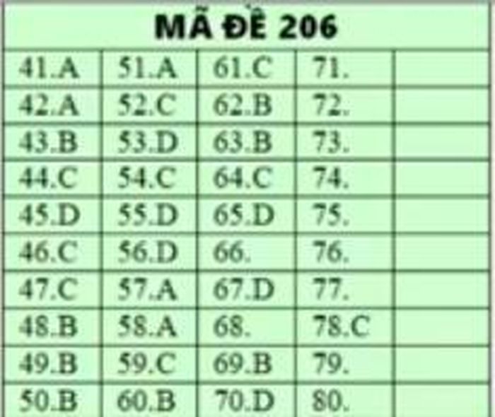Đáp án môn Hóa học - mã đề 206.