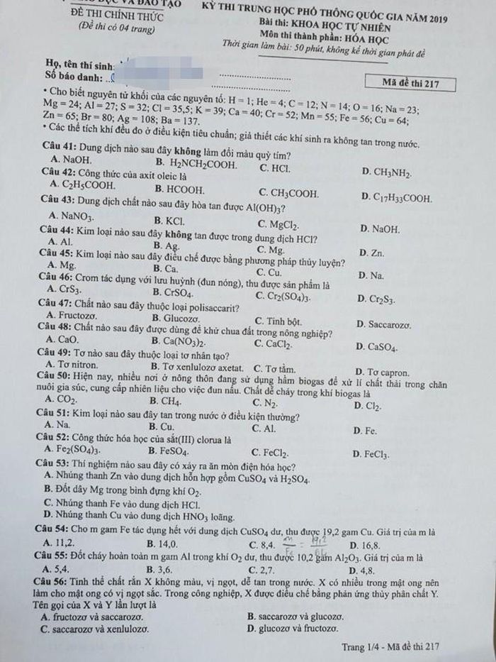 Đề thi môn Hóa học - mã đề 217 - trang 1.