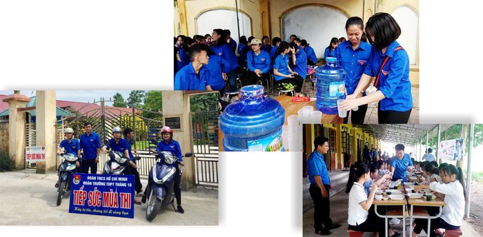 * Tổ thanh niên tình nguyện đưa đón thí sinh miễn phí tại điểm thi Trường THPT Tháng 10 (ảnh trái).