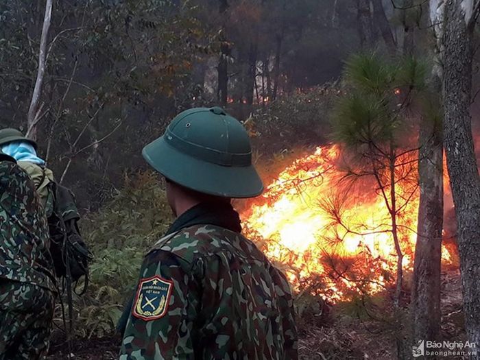 Không quản hiểm nguy, hàng trăm chiến sỹ và lực lượng chữa cháy rừng địa phương vẫn bám trụ để chữa cháy rừng. Ảnh: Phạm Hải.