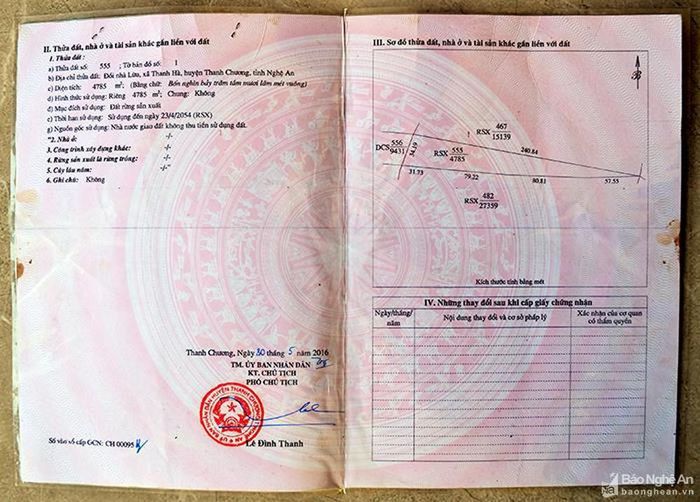 Hình vẽ thửa đất trên Giấy chứng nhận QSD đất của hộ ông Trần Đại Sỹ và bà Nguyễn Thị Hương. Ảnh: Nhật Lân