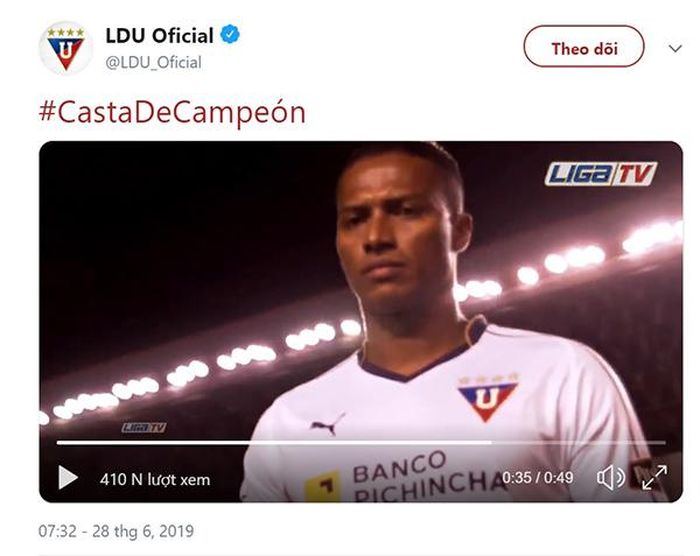 Trang Twitter của LDU Quito giới thiệu tân binh Valencia
