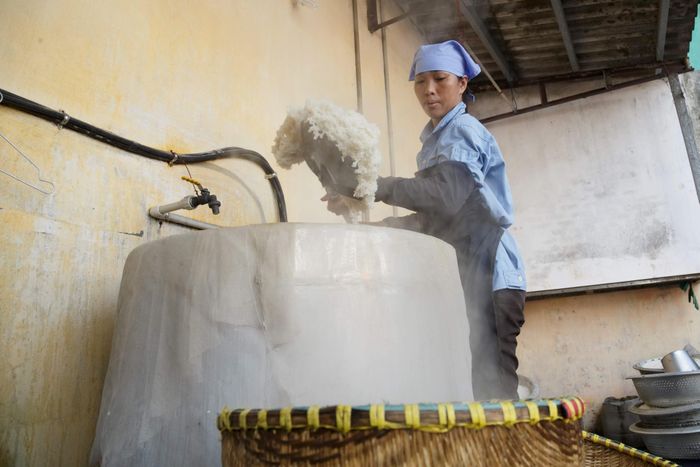 Gạo nếp đồ thành xôi, sau đó ủ khoảng 3-4 ngày chờ lên mốc xanh.