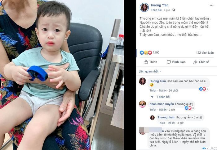 "Người không mọc đâu, toàn trong mồm thế mới điên! Chả ăn được gì, cũng chả uống được gì! Gầy hóp hết mặt rồi! Thấy con đau, con khóc, mẹ thật bất lực", Hương Trần viết.