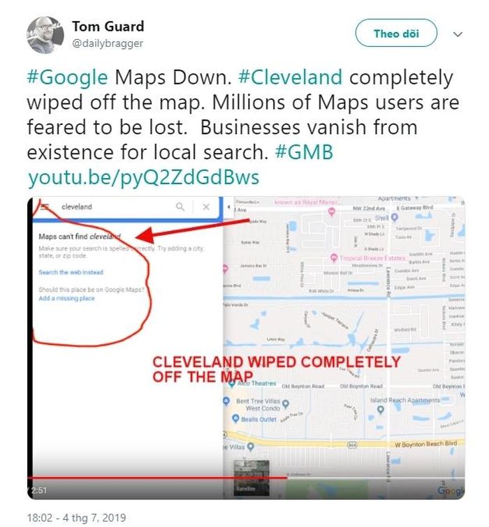 "Google Maps bị sập. Cleveland bị xóa hoàn toàn khỏi bản đồ. Hàng triệu người dùng có nguy cơ bị lạc. Các địa điểm kinh doanh bốc hơi hoàn toàn khỏi công cụ tìm kiếm lân cận" - một người dùng khác đăng trên Twitter.