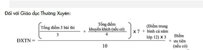  Công thức tính điểm xét tốt nghiệp đối với TS giáo dục thường xuyên.