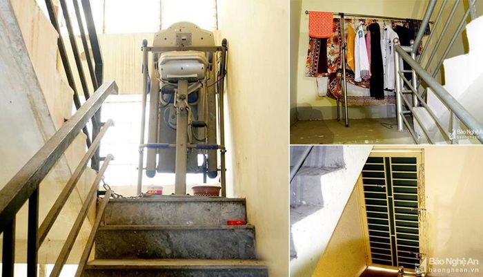 Lối đi tại cầu thang bộ thoát hiểm một số chung cư bị các hộ gia đình chiếm dụng để các dụng cụ gia đình đã hẹp nay còn hẹp hơn. Ảnh: Lâm Tùng