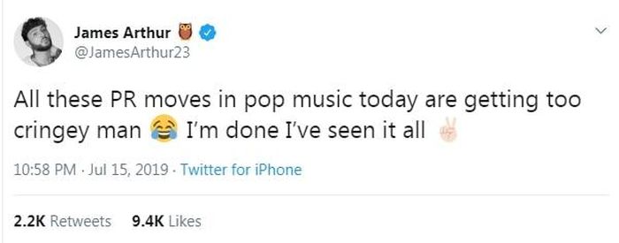 Dòng tweet đầy bóng gió của James Arthur.