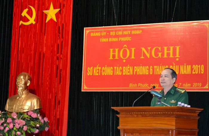 Đại tá Bùi Minh Soái, Chỉ huy trưởng BĐBP tỉnh Bình Phước kết luận hội nghị. Ảnh: Thế Cường