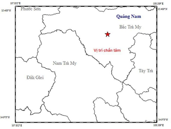 Bản đồ chấn tâm trận động đất trưa 18/7 ở huyện Bắc Trà My, tỉnh Quảng Nam