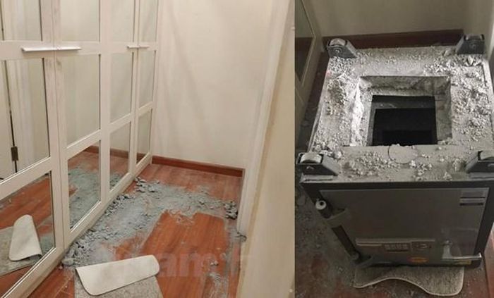 Tại phòng ngủ, két sắt bị lật ngược và đục từ dưới đáy. Tài sản bên trong trị giá nhiều tỷ đồng đã bị lấy mất. (Ảnh: Sơn Bách/Vietnam+)