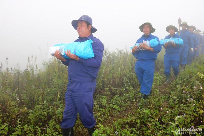 Nhiều điểm ở rừng sâu, các chiến sĩ phải đi bộ băng rừng suốt nhiều giờ mới có thể đưa được hài cốt liệt sĩ trở về. Ảnh: Tiến Hùng