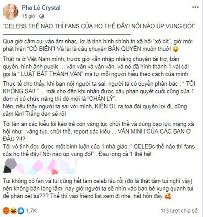  Pha Lê đáp trả antifan.